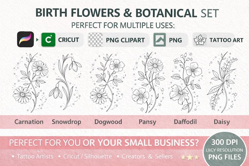 Puede incluir: Ilustraciones en blanco y negro de flores de nacimiento, incluyendo clavel, campanilla de invierno y margarita. La imagen incluye el texto "Birth Flowers & Botanical Set" y "Perfect for Multiple Uses".