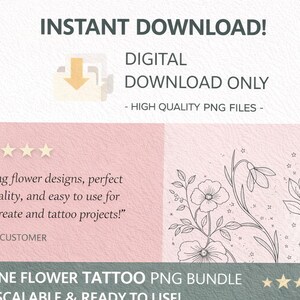 Puede incluir: Gr&aacute;fico de descarga digital con dise&ntilde;os de tatuajes de flores de l&iacute;nea fina. La imagen incluye el texto "&iexcl;DESCARGA INSTANT&Aacute;NEA!" y "SOLO DESCARGA DIGITAL". El dise&ntilde;o es totalmente escalable y listo para usar.