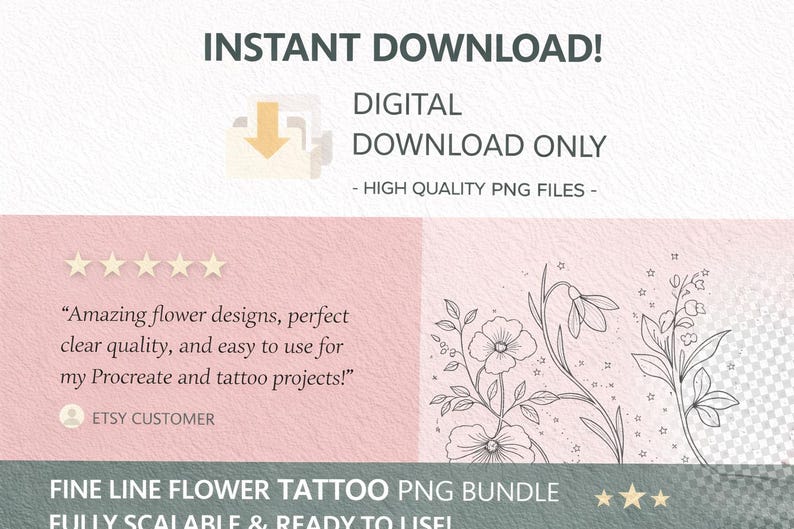 Puede incluir: Gr&aacute;fico de descarga digital con dise&ntilde;os de tatuajes de flores de l&iacute;nea fina. La imagen incluye el texto "&iexcl;DESCARGA INSTANT&Aacute;NEA!" y "SOLO DESCARGA DIGITAL". El dise&ntilde;o es totalmente escalable y listo para usar.