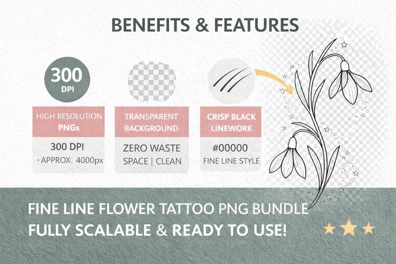 Puede incluir: Gr&aacute;fico digital con un dise&ntilde;o de tatuaje de flores de l&iacute;nea fina. La imagen destaca beneficios como PNG de alta resoluci&oacute;n, fondo transparente y l&iacute;neas negras n&iacute;tidas. El texto incluye "FINE LINE FLOWER TATTOO PNG BUNDLE" y "FULLY SCALABLE & READY TO USE!"