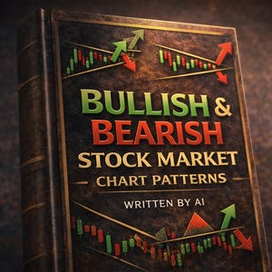 May include: A hardcover book titled "Bullish & Bearish Stock Market Chart Patterns" with the text "Written by AI." The cover is dark brown with green and red text and stock chart graphics.