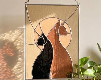 Two Cats at Sunset Stained Glass Pattern, Cat Couple Window Panel, Romantic Cat Suncatcher, PDF PNG SVG, Digital Download
