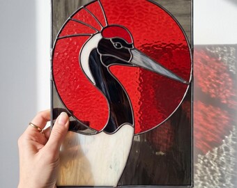 Red Crowned Crane Stained Glass Pattern, Crane Bird Window Panel, Japanese Bird Suncatcher PDF PNG SVG, Digital Download