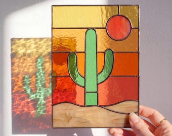 Desert Stained Glass Pattern SVG | Cactus Landscape Panel Template | Cricut PDF PNG Glass Design
