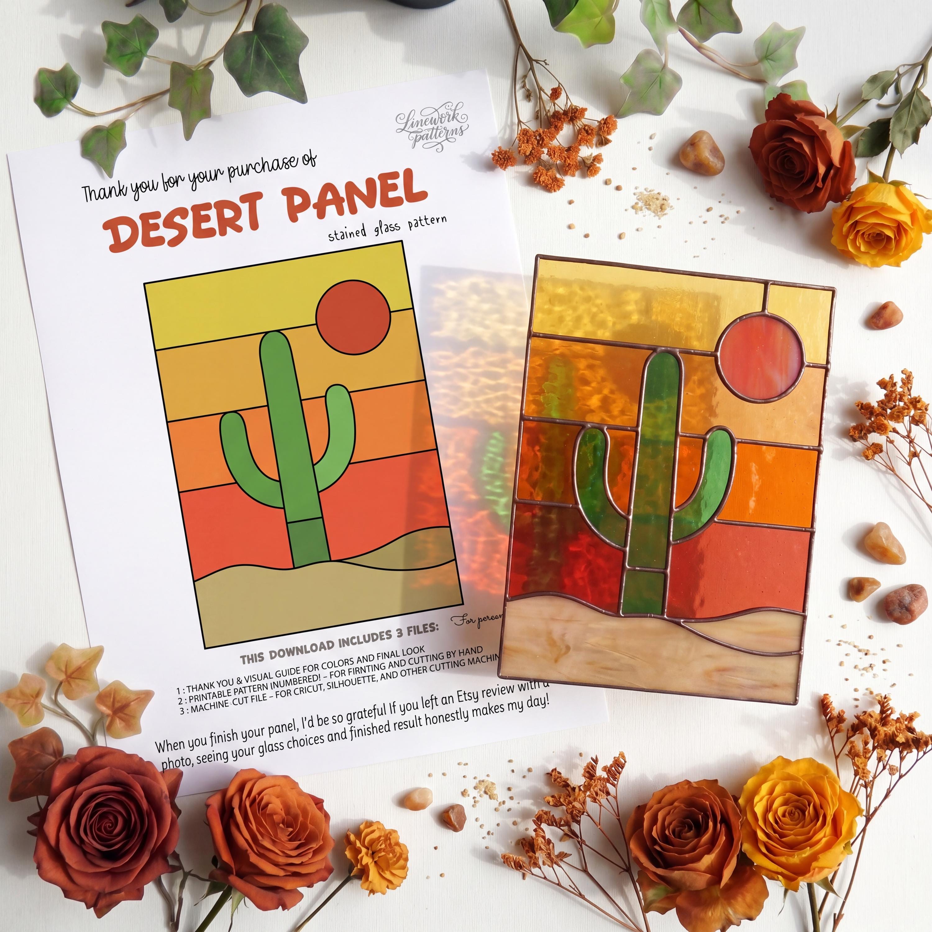 Desert Stained Glass Pattern SVG | Cactus Landscape Panel Template ...