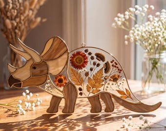 Stained Glass Triceratops Pattern | Dinosaur Suncatcher Template | PDF PNG SVG | Prehistoric Glass Art | Download