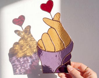 Finger Heart Stained Glass Pattern | Korean Hand Gesture Glass Art Template (PDF Download)