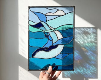 Whale Stained Glass Pattern, Ocean Whale Window Panel, Humpback Whale Suncatcher Template, PDF PNG SVG, Digital Download