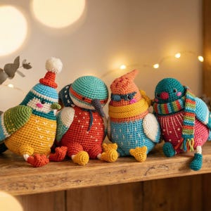 Può includere: Quattro ornamenti di uccelli all'uncinetto fatti a mano in colori vivaci, tra cui blu, rosso e giallo, sono esposti su una mensola di legno. Ogni uccello ha un design unico, alcuni con cappelli e sciarpe. Lo sfondo ha un'illuminazione soffusa.