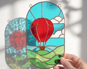 Hot Air Balloon Stained Glass Suncatcher, Colorful Landscape Window Hanging, Copper Foil Art Decor