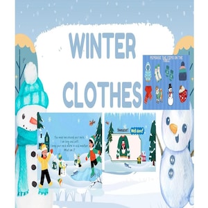 May include: A whimsical illustration with the words "Winter Clothes" in large blue letters. The image features a snowman, children playing in the snow, and a collection of winter clothing items like hats, scarves, and mittens.