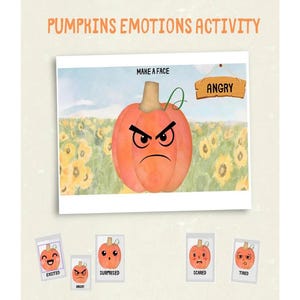 Juego de recortar y pegar sobre las emociones de la calabaza: juego de sentimientos otoñales, página de libro tranquilo de Halloween