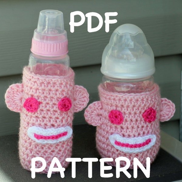 INSTANT DOWNLOAD - Crochet Sock Monkey Baby Bottle Cozy Pattern  -  Sock Monkey Cozy - 2 patterns - Short or Tall Bottle