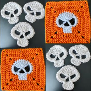 Puede incluir: Una colección de apliques de calaveras blancas de ganchillo y dos cuadrados de ganchillo naranja con diseños de calaveras blancas. Las calaveras tienen cuencas de ojos y fosas nasales abiertas, adecuadas para manualidades de Halloween o góticas.