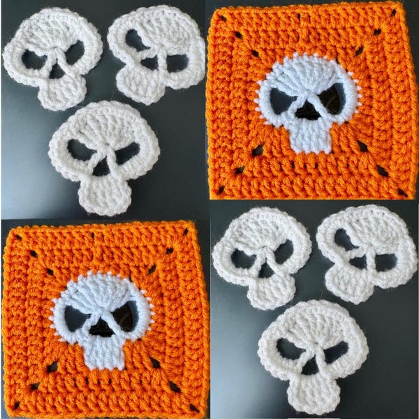 Modelli all'uncinetto per applique a forma di teschio e quadrati della nonna a forma di teschio - Modelli per quadrati di coperta - Quadrati di Halloween - Decorazioni di Halloween