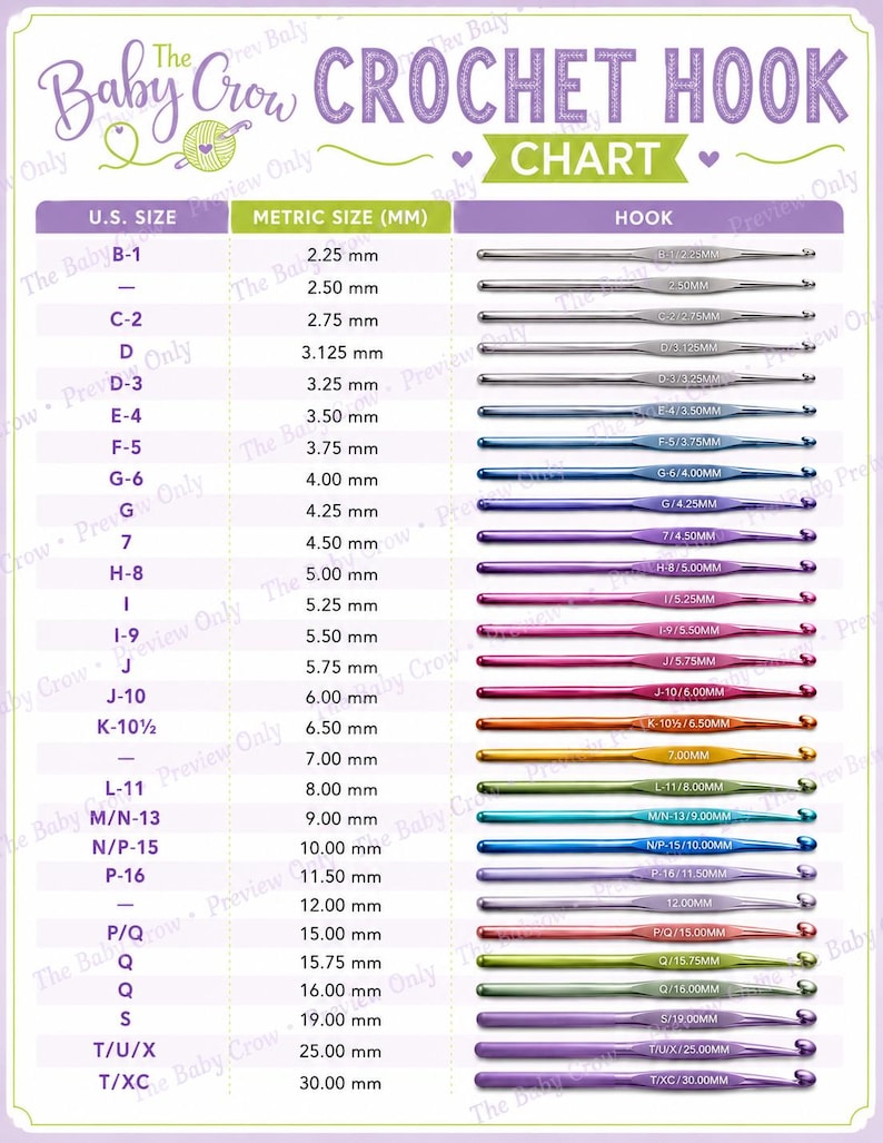 Printable Crochet Hook Size Chart - Instant Download - No Watermark - Etsy
