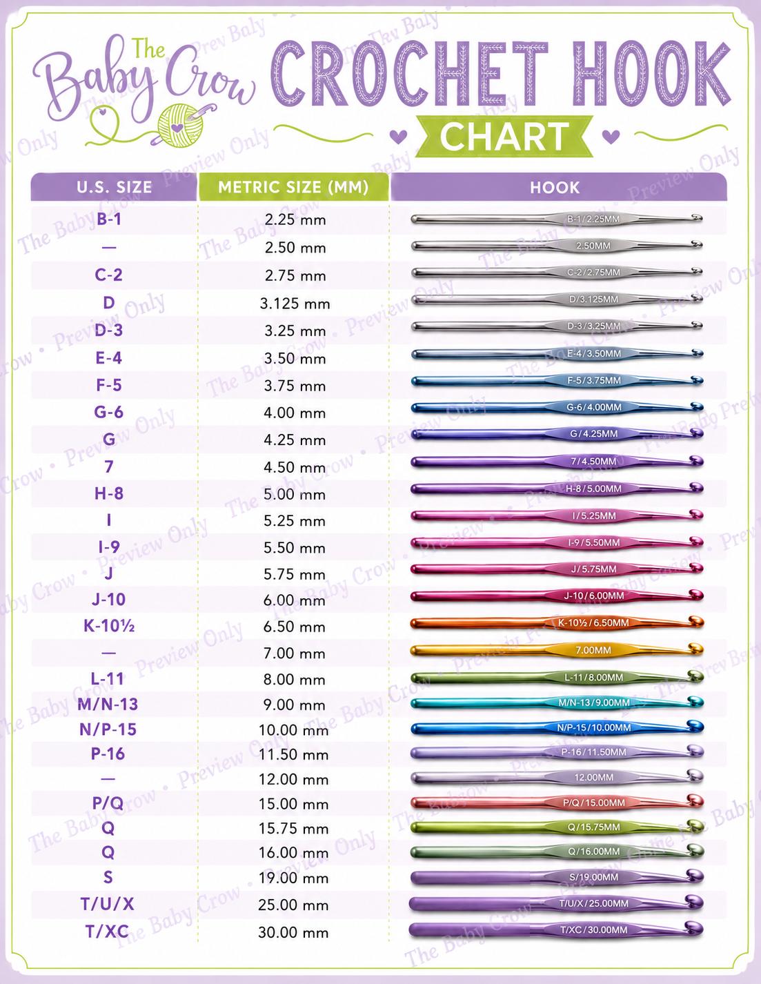 Printable Crochet Hook Size Chart - Instant Download - No Watermark - Etsy