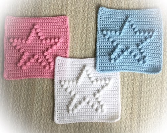 Star Square Blanket Pattern -  9" x 9" blocks - Size Chart from Baby to Adult blankets or afghans