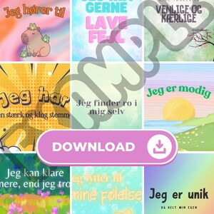 Puede incluir: Una colección de impresiones de arte digital con frases inspiradoras en danés. Las impresiones presentan varios diseños, incluyendo un carpincho de dibujos animados con ranas, una escena de puesta de sol e ilustraciones florales. Cada impresión tiene una paleta de colores y texto únicos.