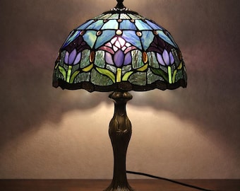 Gebrandschilderde tafellamp met bloemen | Verouderde bronzen basis | Art-nouveauverlichting