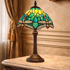 Hand-Assembled Dragonfly Table Lamp, Green Stained Glass Geometric Shade, 14.4" Tall