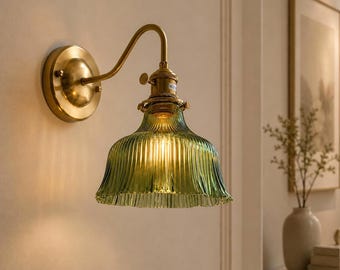 Aplique de pared Tiffany verde de cobre – Aplique de dormitorio vintage de vidrieras hecho a mano, iluminación de pared