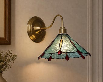 Green Tiffany Copper Wall Light – Handmade Vintage Stained Glass Bedroom Sconce, Wall Lighting