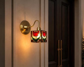 Tulip Pattern Tiffany Copper Wall Light – Handmade Vintage Stained Glass Bedroom Sconce, Wall Lighting