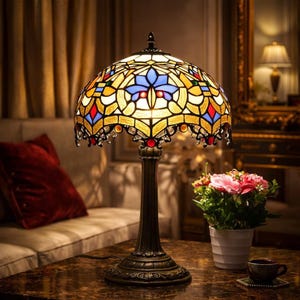 K&ouml;nnte beinhalten: Eine Tiffany-Tischlampe mit einem Sockel aus Bronze und einem farbenfrohen, gew&ouml;lbten Schirm. Der Schirm zeigt ein florales Design mit gelben, blauen, roten und gr&uuml;nen Glasteilen. Die Lampe steht auf einem marmor&auml;hnlichen Tisch, mit einem Sofa und Blumen im Hintergrund.