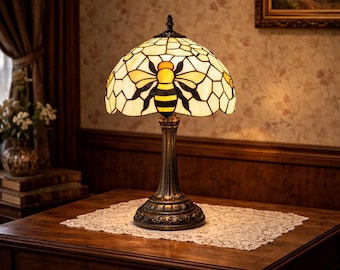 Vintage Bee Tischlampe: (Handgemachte) Glasmalerei Antike Schreibtischlampe, antike Beleuchtung, Blumen-Tiffany-Lampe