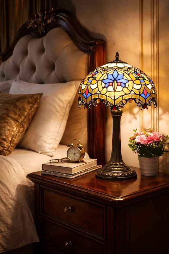 Hand-Assembled Tiffany-Style Table Lamp | Floral Stained Glass Shade, 19" Tall
