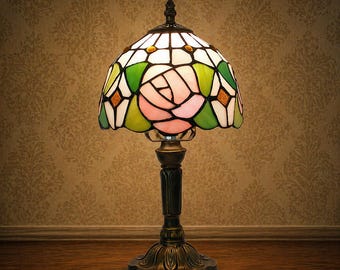 Handmade Tiffany Style Lamp Pink Rose Stained Glass | Vintage Bedside Lighting, Antique Floral Decor 37cm