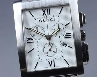 Near MINT GUCCI 8600M Date White Square Chronograph Quartz 34mm Men's Watch