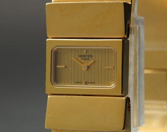 HERMES Loquet L01.201 Gold Brown GP Bangle Quartz 19mm Ladies Elegant Watch