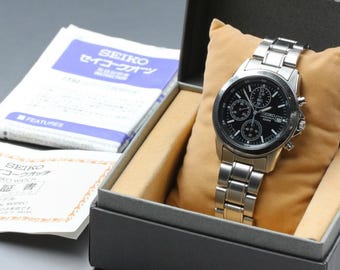 Near MINT SEIKO Chronograph 7T92-0DW0 Date Black Quartz Men's Watch Full Set Box