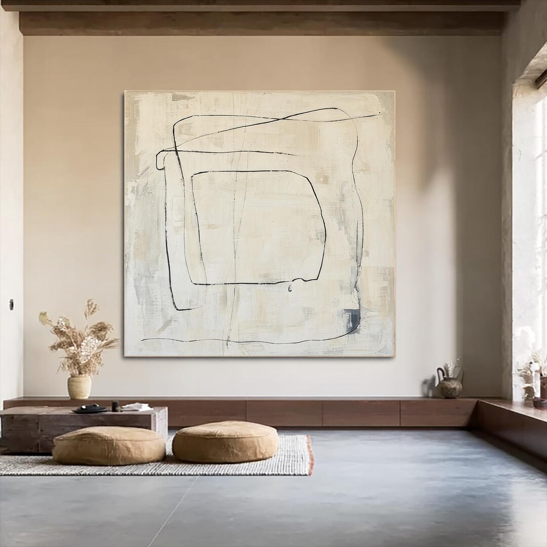 Neutral Beige Black Modern Wall Art Minimalist Abstract Line Art Wabi ...