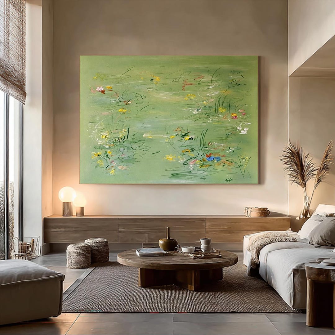 Large Minimalist Botanical Wall Decor Sage Green Abstract Water Lily ...