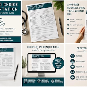 May include: A clinical reference guide titled Informed Choice Documentation for healthcare professionals. The document features sections on charting processes, checklists, and quick tips, presented in a clean, professional layout with dark teal headers.