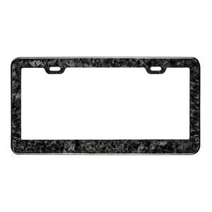 May include: A black and gray license plate frame with a carbon fiber pattern. The frame has a rectangular shape with rounded corners and two mounting holes at the top. The frame is designed to hold a standard-sized license plate.
