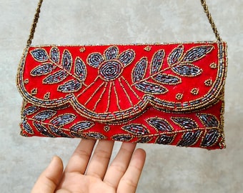 Red Velvet Beaded Clutch Bag, Embroidered Floral Evening Purse