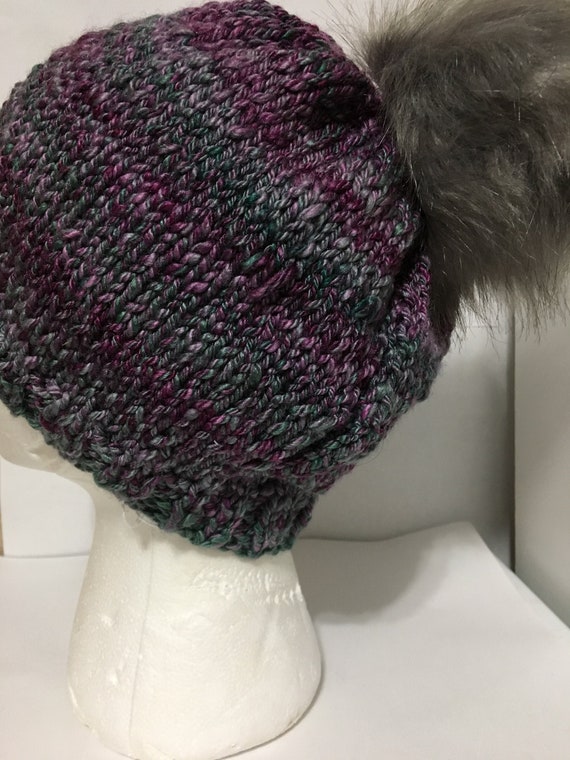 Purple Winter Hat/beanie/faux Fur Pom 