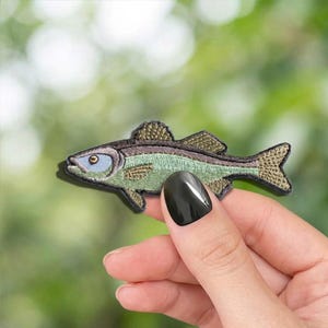 May include: Embroidered fish patch in shades of green, brown, and blue. The patch features detailed stitching, including scales and fins. The fish is held against a blurred green background, suggesting an outdoor setting. This patch is suitable for clothing or accessories.