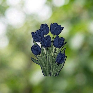 Navy Blue Tulip Bouquet Embroidered Patch, Dark Floral Applique for Customizing, Fashion Accessory, Iron on, Sew on, Hook and Loop