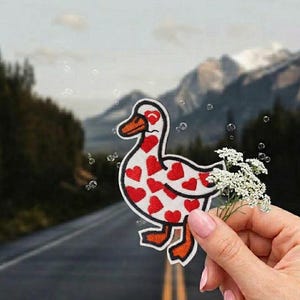 Funny Cow Spot Duck with Pink Hearts Embroidered Patch, Cute Animal Cow Print Mallard Badge for Apparel, Iron on, Sew on, Hook and Loop