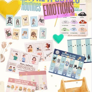 May include: A collection of educational tools and cards with French text, including a wooden toolbox, emotion cards, and morning and bedtime routine charts. The cards feature illustrations of dogs, cats, and children.