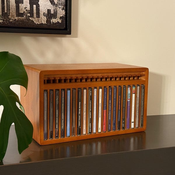 Mid Century Modern Solid Wood CD Shelf, 20 Slot Media Organizer