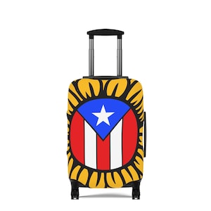 May include: A rolling suitcase featuring the flag of Puerto Rico. The design includes a blue triangle with a white star, red and white stripes, and a yellow sunflower-like border. The suitcase has a black handle and wheels.