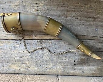 Antique Vintage Powder Horn Trophy Drinking German Brass