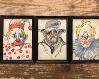 3 Clown Watercolor and Ink Paintings Signed
