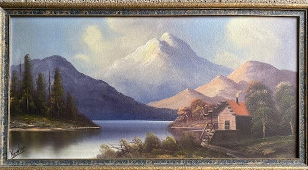Mountain Cabin Lake Oil on Board #19 Vintage Painting Outsider Art ...